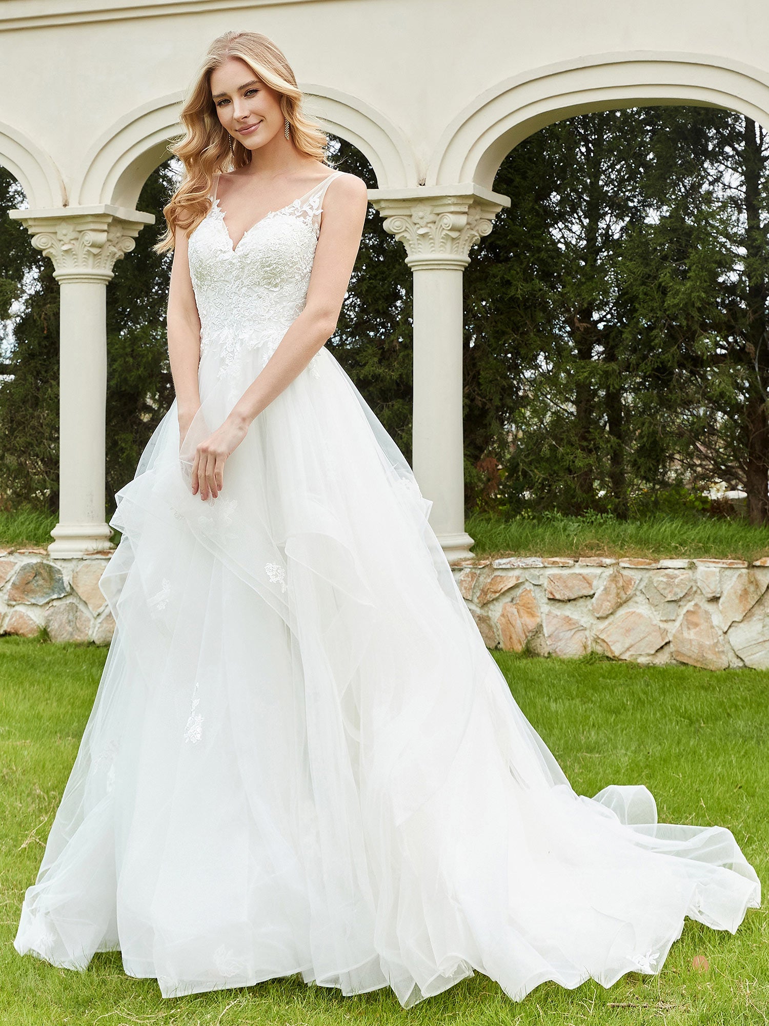 V-Neck Lace Bodice Ruffles Tulle Wedding Dress-Ivory Bridal Gowns Dresses