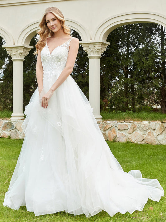 V-Neck Lace Bodice Ruffles Tulle Wedding Dress-Ivory Bridal Gowns Dresses