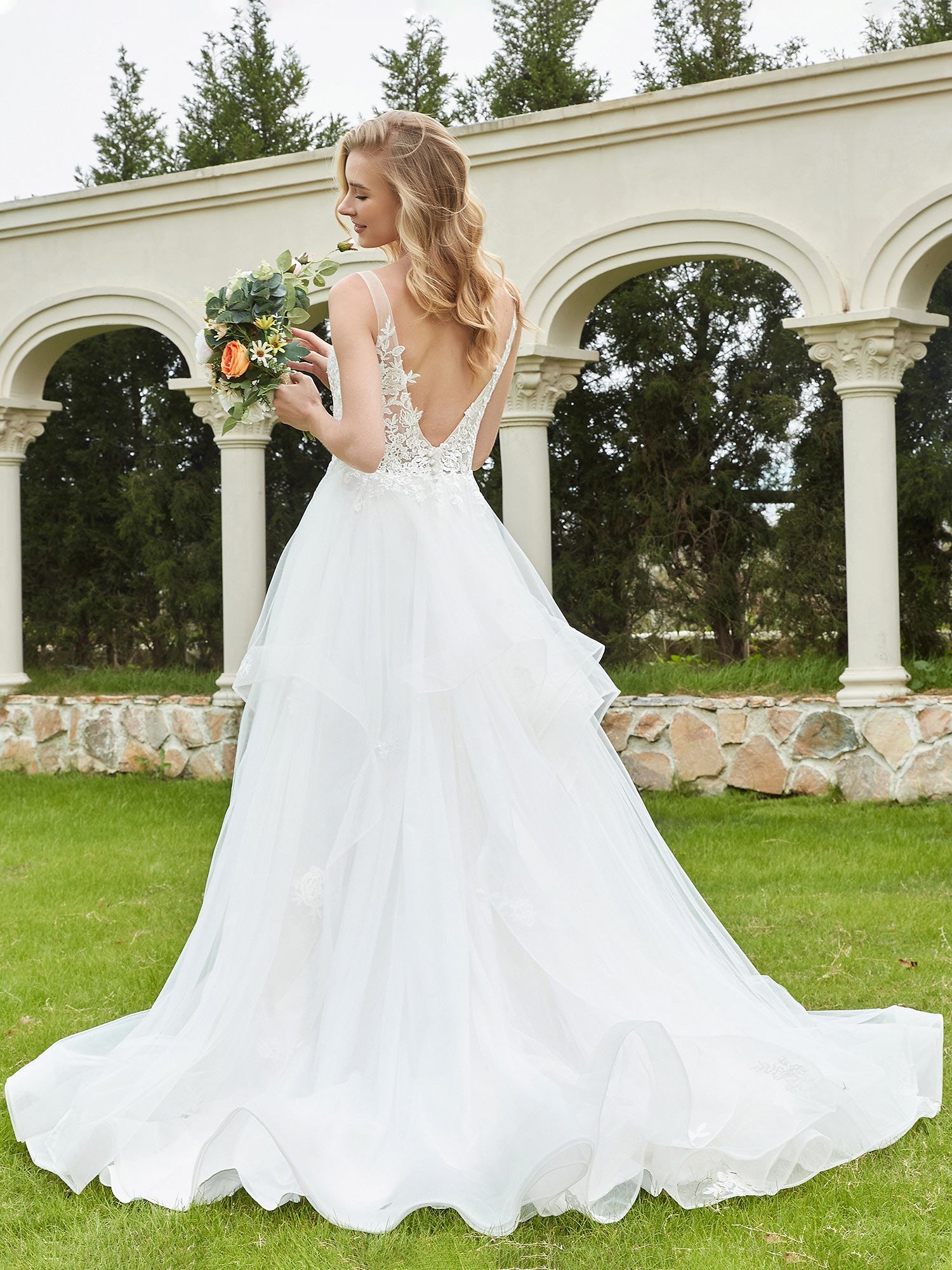 V-Neck Lace Bodice Ruffles Tulle Wedding Dress-Ivory Bridal Gowns Dresses