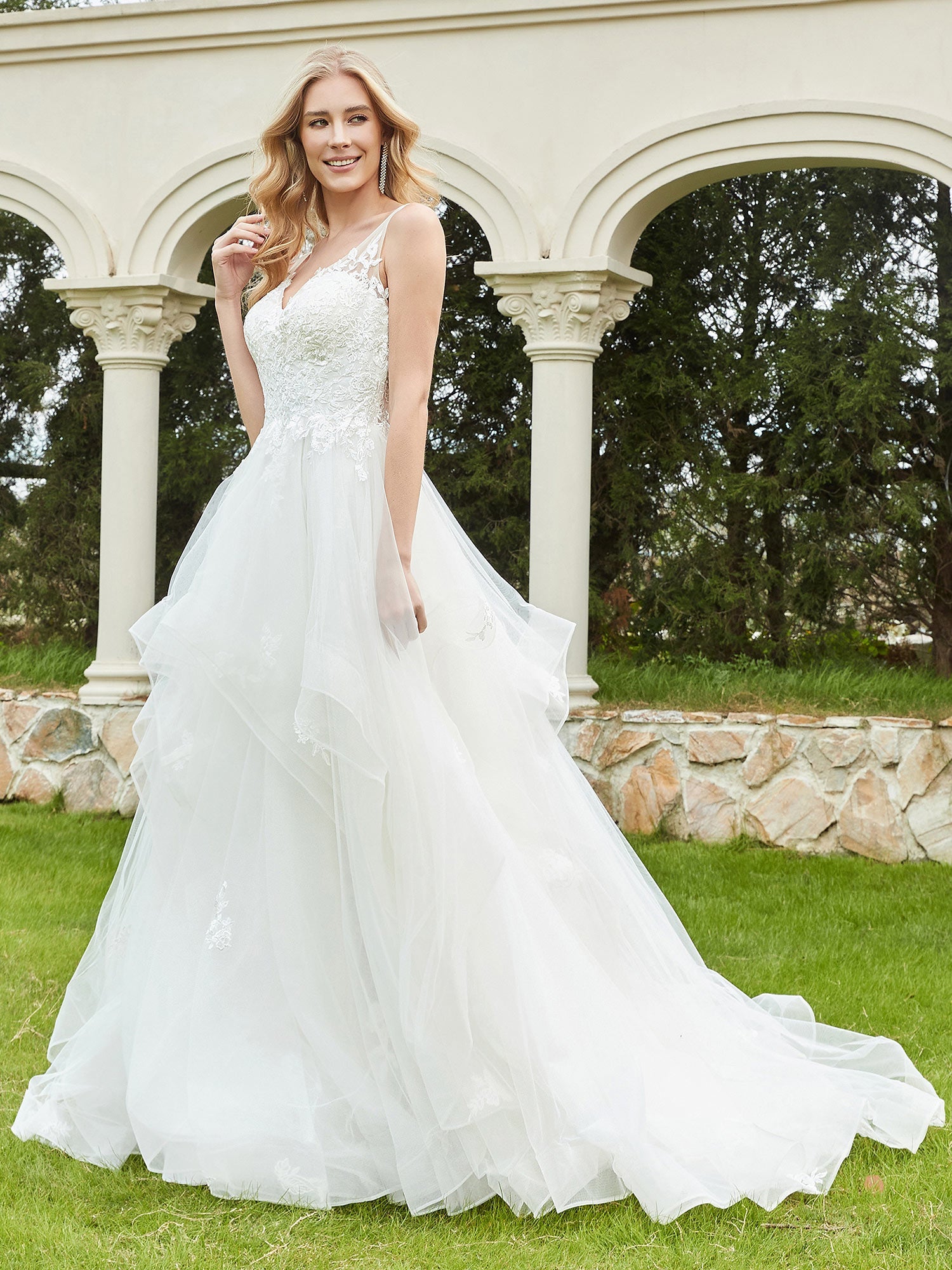 V-Neck Lace Bodice Ruffles Tulle Wedding Dress-Ivory Bridal Gowns Dresses