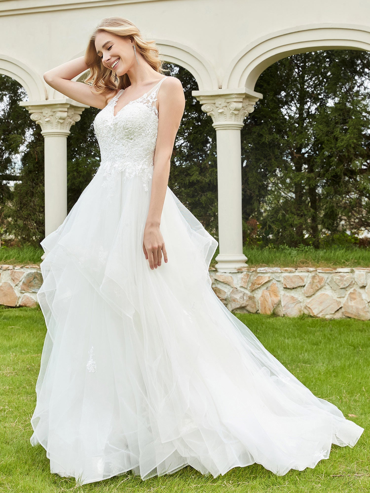 V-Neck Lace Bodice Ruffles Tulle Wedding Dress-Ivory Bridal Gowns Dresses