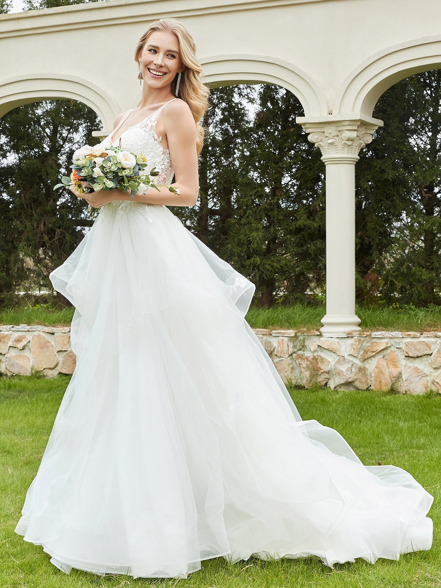 V-Neck Lace Bodice Ruffles Tulle Wedding Dress-Ivory Bridal Gowns Dresses