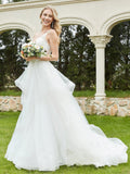 V-Neck Lace Bodice Ruffles Tulle Wedding Dress-Ivory Bridal Gowns Dresses