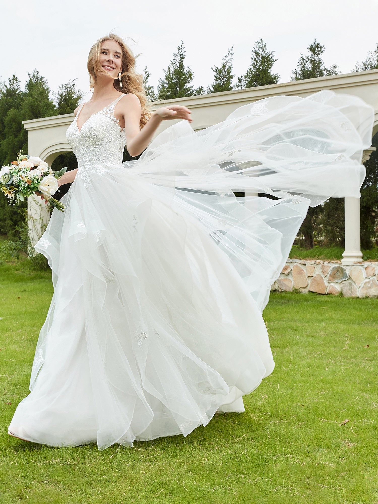 V-Neck Lace Bodice Ruffles Tulle Wedding Dress-Ivory Bridal Gowns Dresses