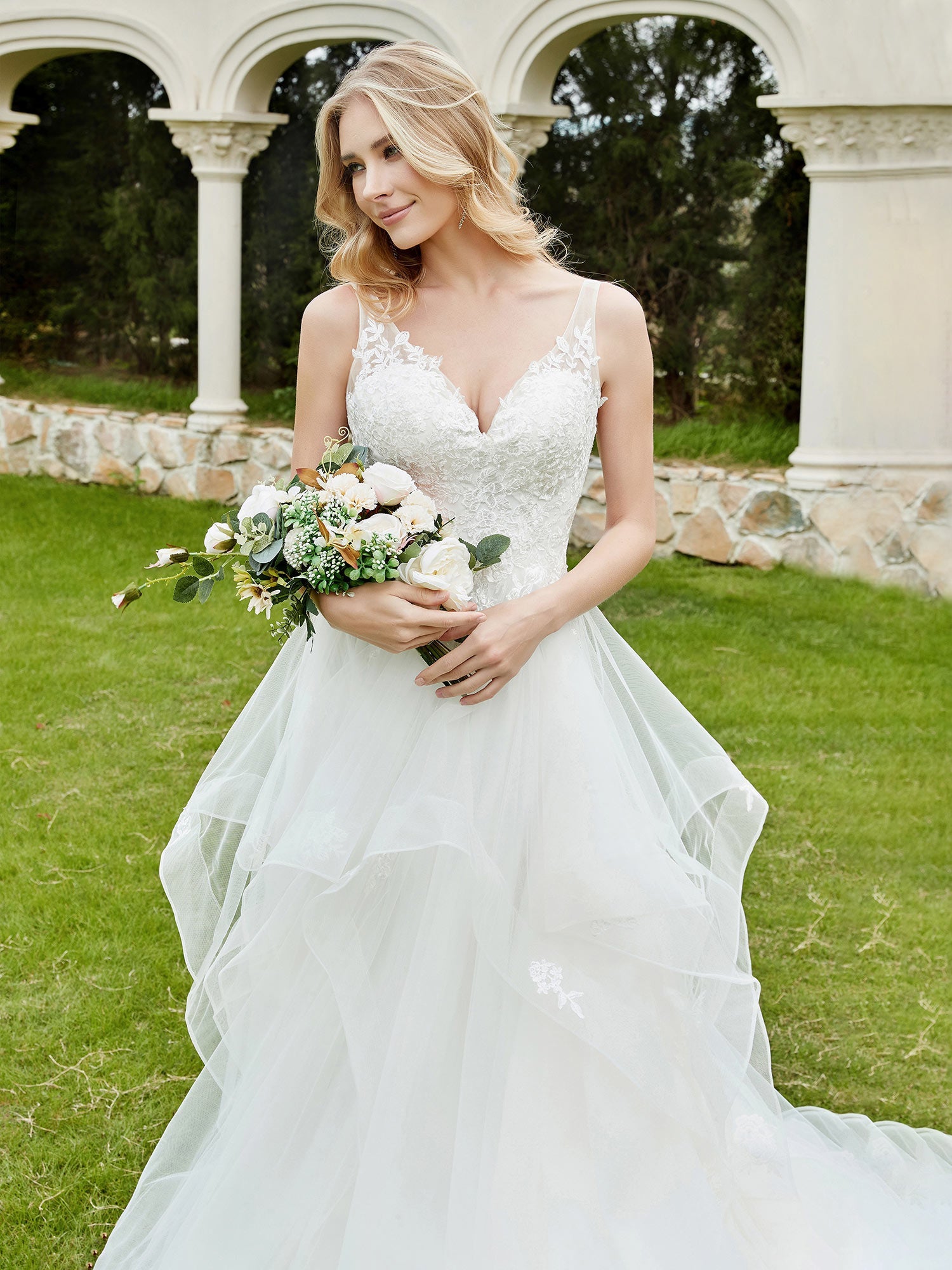 V-Neck Lace Bodice Ruffles Tulle Wedding Dress-Ivory Bridal Gowns Dresses