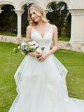 V-Neck Lace Bodice Ruffles Tulle Wedding Dress-Ivory Bridal Gowns Dresses