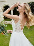 V-Neck Lace Bodice Ruffles Tulle Wedding Dress-Ivory Bridal Gowns Dresses