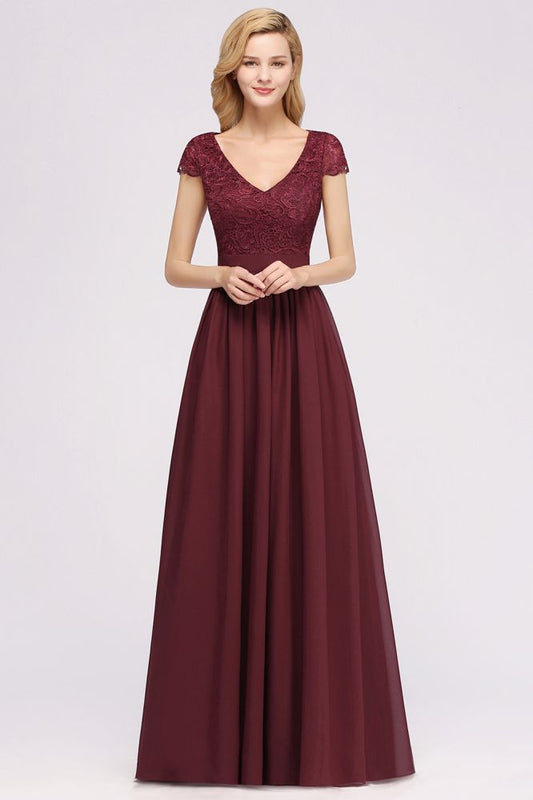 Elegant Chiffon Lace Sleeveless V-Neck Long Bridesmaid Dresses with Ruffles Evening Formal Gowns