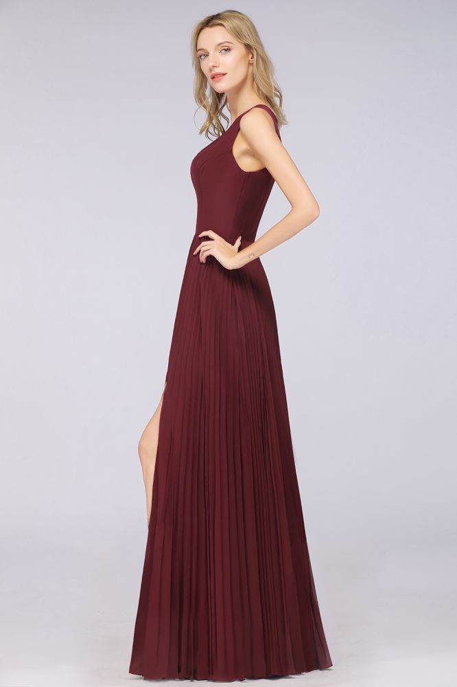 Elegant Chiffon Sleeveless V-Neck Bridesmaid Dress Long Ruffles Side Split Evening Gown