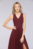 Elegant Chiffon Sleeveless V-Neck Bridesmaid Dress Long Ruffles Side Split Evening Gown