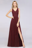 Elegant Chiffon Sleeveless V-Neck Bridesmaid Dress Long Ruffles Side Split Evening Gown