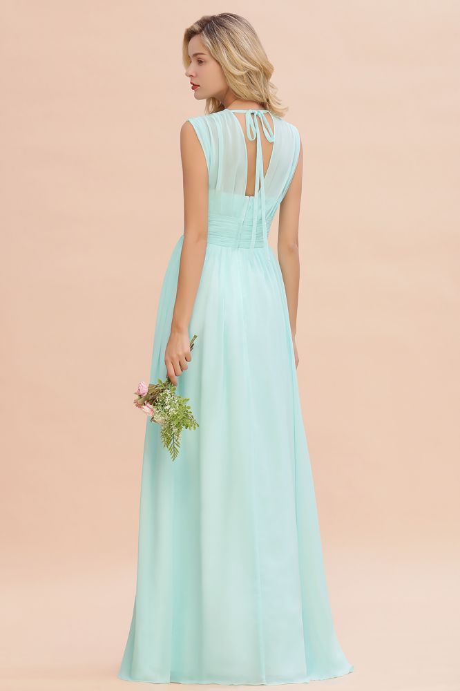 Elegantes Chiffon-Brautjungfernkleid mit V-Ausschnitt und Rüschen, ärmellos, lang