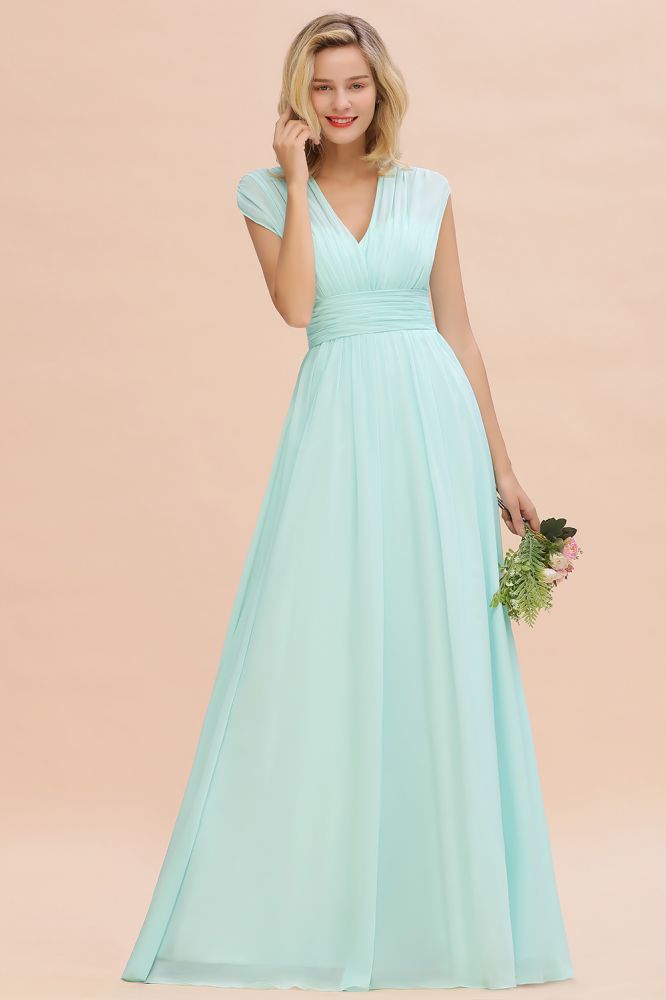 Elegantes Chiffon-Brautjungfernkleid mit V-Ausschnitt und Rüschen, ärmellos, lang