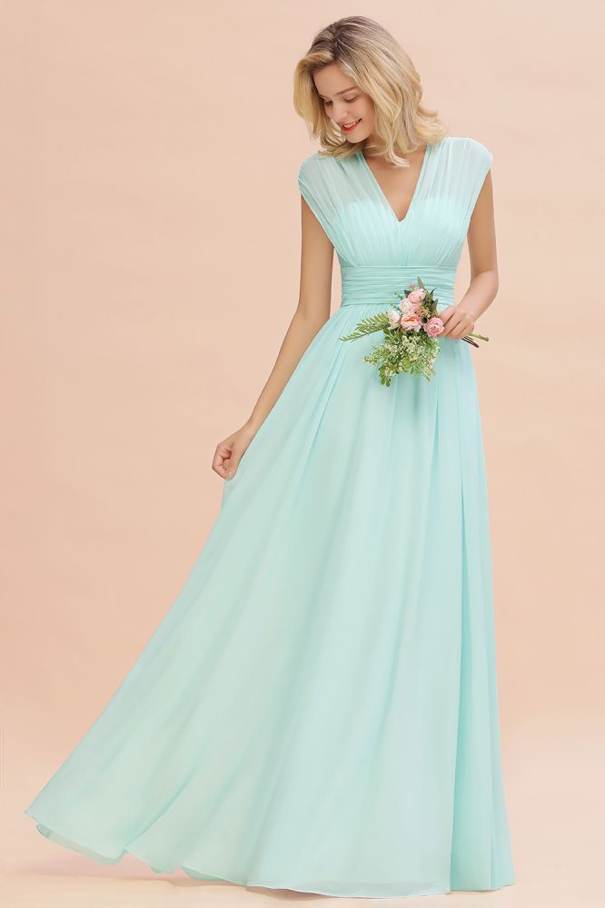 Elegantes Chiffon-Brautjungfernkleid mit V-Ausschnitt und Rüschen, ärmellos, lang