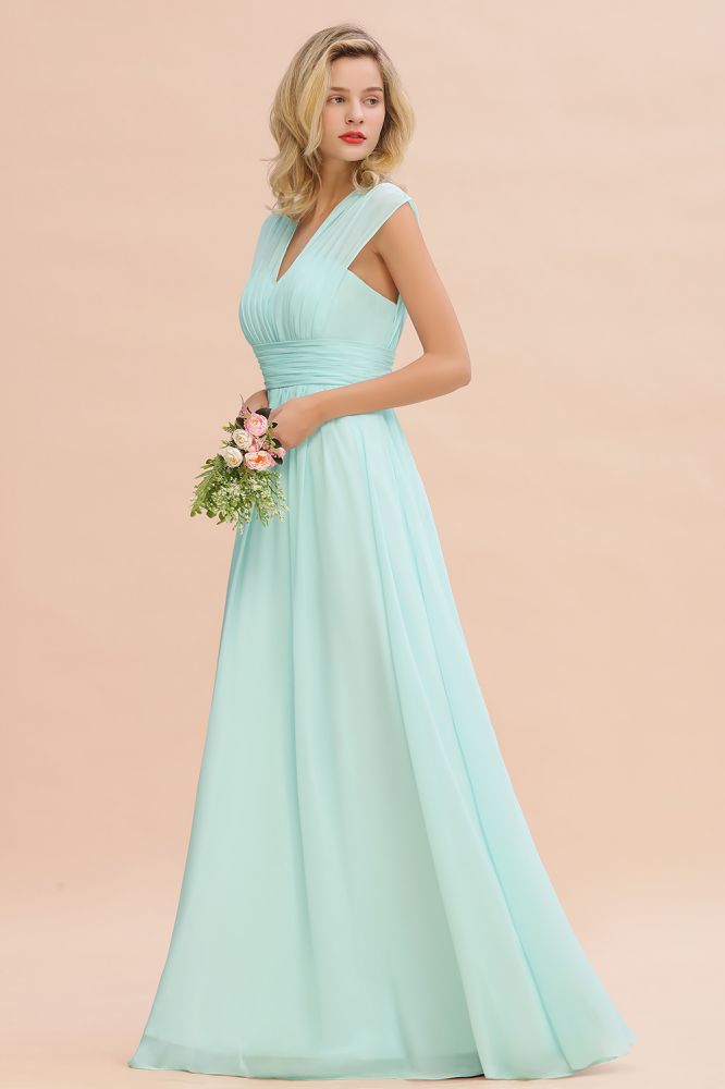 Elegantes Chiffon-Brautjungfernkleid mit V-Ausschnitt und Rüschen, ärmellos, lang