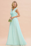Elegantes Chiffon-Brautjungfernkleid mit V-Ausschnitt und Rüschen, ärmellos, lang