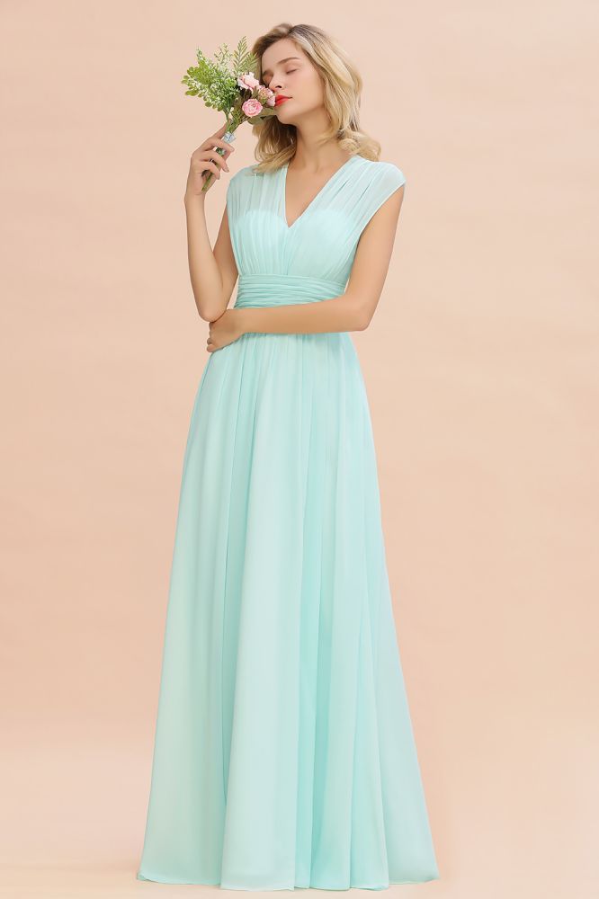 Elegantes Chiffon-Brautjungfernkleid mit V-Ausschnitt und Rüschen, ärmellos, lang