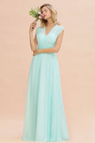 Elegantes Chiffon-Brautjungfernkleid mit V-Ausschnitt und Rüschen, ärmellos, lang
