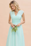 Elegantes Chiffon-Brautjungfernkleid mit V-Ausschnitt und Rüschen, ärmellos, lang