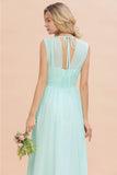 Elegantes Chiffon-Brautjungfernkleid mit V-Ausschnitt und Rüschen, ärmellos, lang