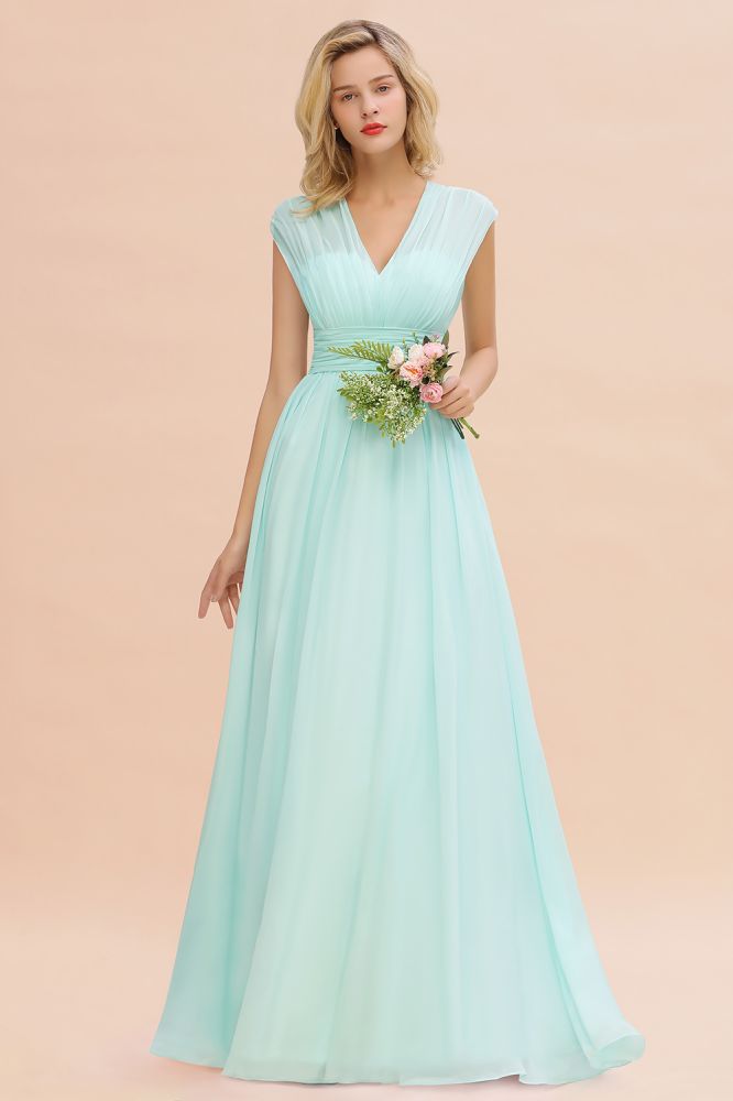 Elegantes Chiffon-Brautjungfernkleid mit V-Ausschnitt und Rüschen, ärmellos, lang