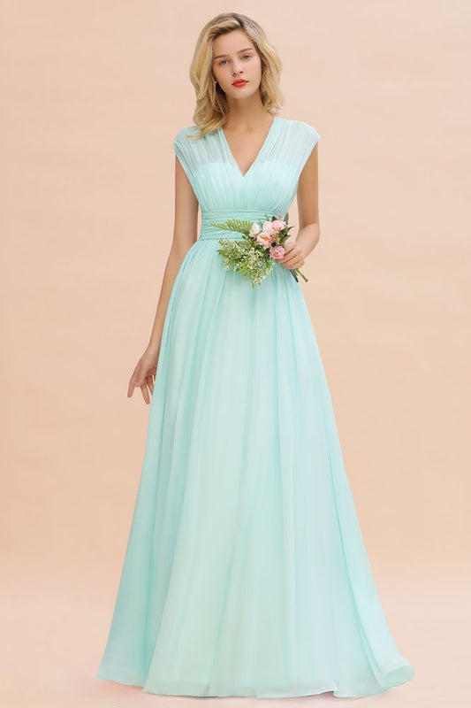 Elegant Chiffon Sleeveless V-Neck Long Bridesmaid Dress with Ruffles Evening Mother of the Bride Dresses