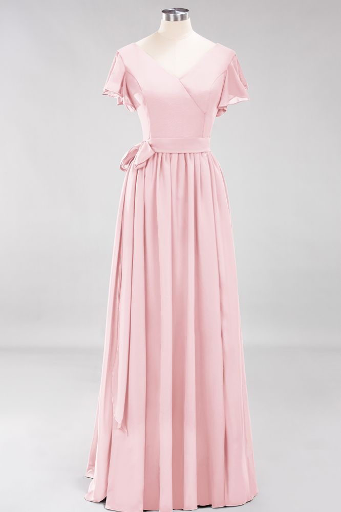 Elegant V-Neck Short Sleeve Bridesmaid Dresses with Bow Sash Long Chiffon Evening Prom Dress