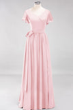Elegant V-Neck Short Sleeve Bridesmaid Dresses with Bow Sash Long Chiffon Evening Prom Dress