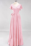 Elegant V-Neck Short Sleeve Bridesmaid Dresses with Bow Sash Long Chiffon Evening Prom Dress