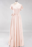 Elegant V-Neck Short Sleeve Bridesmaid Dresses with Bow Sash Long Chiffon Evening Prom Dress