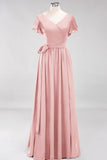 Elegant V-Neck Short Sleeve Bridesmaid Dresses with Bow Sash Long Chiffon Evening Prom Dress