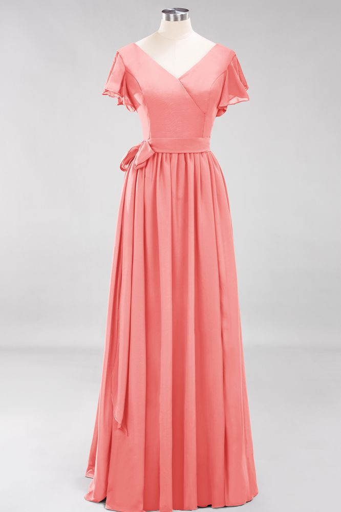 Elegant V-Neck Short Sleeve Bridesmaid Dresses with Bow Sash Long Chiffon Evening Prom Dress