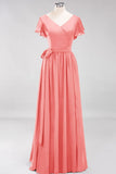 Elegant V-Neck Short Sleeve Bridesmaid Dresses with Bow Sash Long Chiffon Evening Prom Dress