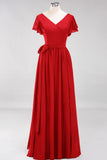 Elegant V-Neck Short Sleeve Bridesmaid Dresses with Bow Sash Long Chiffon Evening Prom Dress