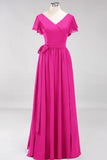 Elegant V-Neck Short Sleeve Bridesmaid Dresses with Bow Sash Long Chiffon Evening Prom Dress