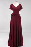 Elegant V-Neck Short Sleeve Bridesmaid Dresses with Bow Sash Long Chiffon Evening Prom Dress