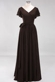 Elegant V-Neck Short Sleeve Bridesmaid Dresses with Bow Sash Long Chiffon Evening Prom Dress