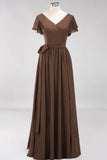 Elegant V-Neck Short Sleeve Bridesmaid Dresses with Bow Sash Long Chiffon Evening Prom Dress