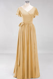Elegant V-Neck Short Sleeve Bridesmaid Dresses with Bow Sash Long Chiffon Evening Prom Dress