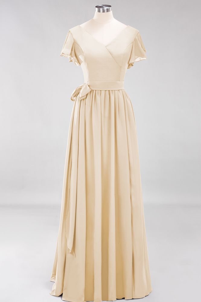 Elegant V-Neck Short Sleeve Bridesmaid Dresses with Bow Sash Long Chiffon Evening Prom Dress