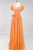 Elegant V-Neck Short Sleeve Bridesmaid Dresses with Bow Sash Long Chiffon Evening Prom Dress
