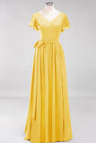 Elegant V-Neck Short Sleeve Bridesmaid Dresses with Bow Sash Long Chiffon Evening Prom Dress