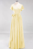 Elegant V-Neck Short Sleeve Bridesmaid Dresses with Bow Sash Long Chiffon Evening Prom Dress