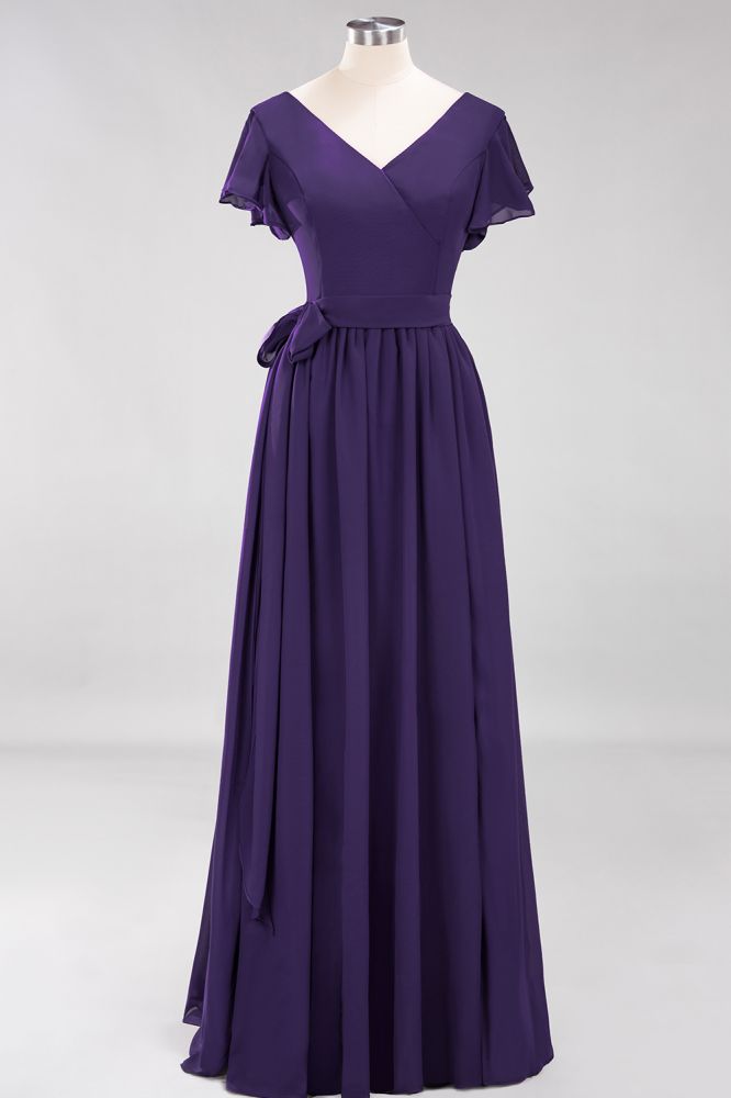 Elegant V-Neck Short Sleeve Bridesmaid Dresses with Bow Sash Long Chiffon Evening Prom Dress
