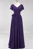 Elegant V-Neck Short Sleeve Bridesmaid Dresses with Bow Sash Long Chiffon Evening Prom Dress