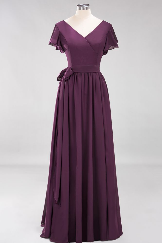 Elegant V-Neck Short Sleeve Bridesmaid Dresses with Bow Sash Long Chiffon Evening Prom Dress