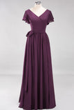 Elegant V-Neck Short Sleeve Bridesmaid Dresses with Bow Sash Long Chiffon Evening Prom Dress