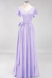Elegant V-Neck Short Sleeve Bridesmaid Dresses with Bow Sash Long Chiffon Evening Prom Dress