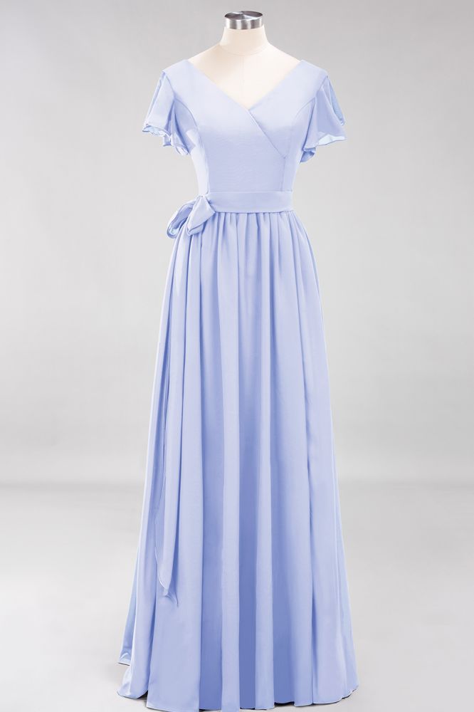 Elegant V-Neck Short Sleeve Bridesmaid Dresses with Bow Sash Long Chiffon Evening Prom Dress