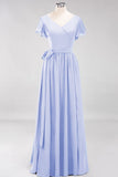 Elegant V-Neck Short Sleeve Bridesmaid Dresses with Bow Sash Long Chiffon Evening Prom Dress